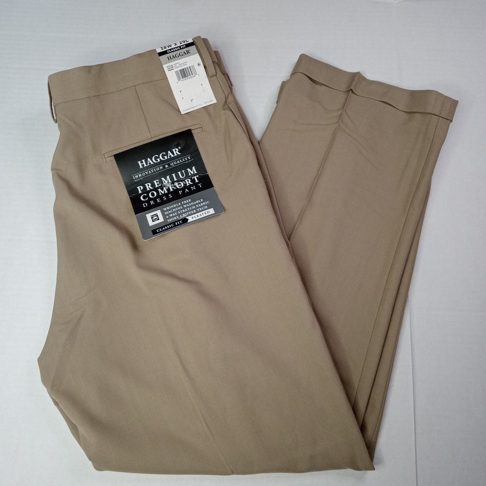 Haggar NWT Premium Comfort Dress Pants Men's Size 38x29 Med Khaki Classic Fit